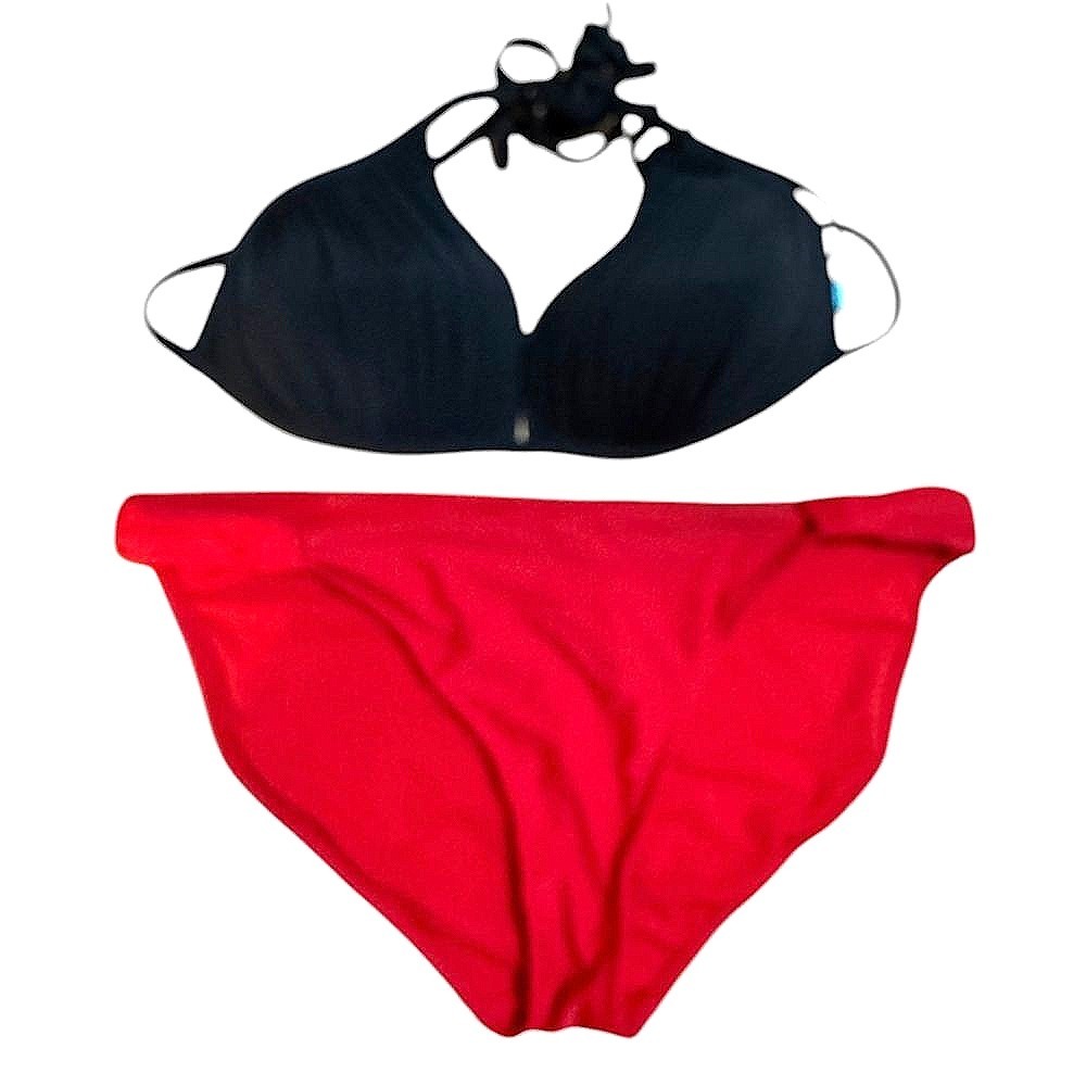 No Boundaries Bikini‎ Set Black Halter Top & Red Bottoms Swimsuit Beach Pool XL